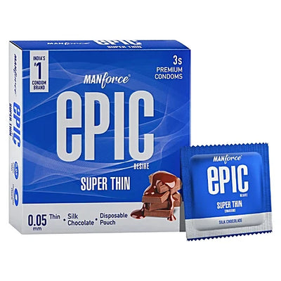 Manforce Condoms Epic Desire - Super Thin Premium Condoms, For Men, Silk Chocolate Flavour, Disposable Pouch, 3 pcs