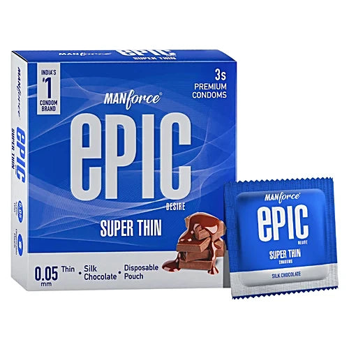 Manforce Condoms Epic Desire - Super Thin Premium Condoms, For Men, Silk Chocolate Flavour, Disposable Pouch, 3 pcs